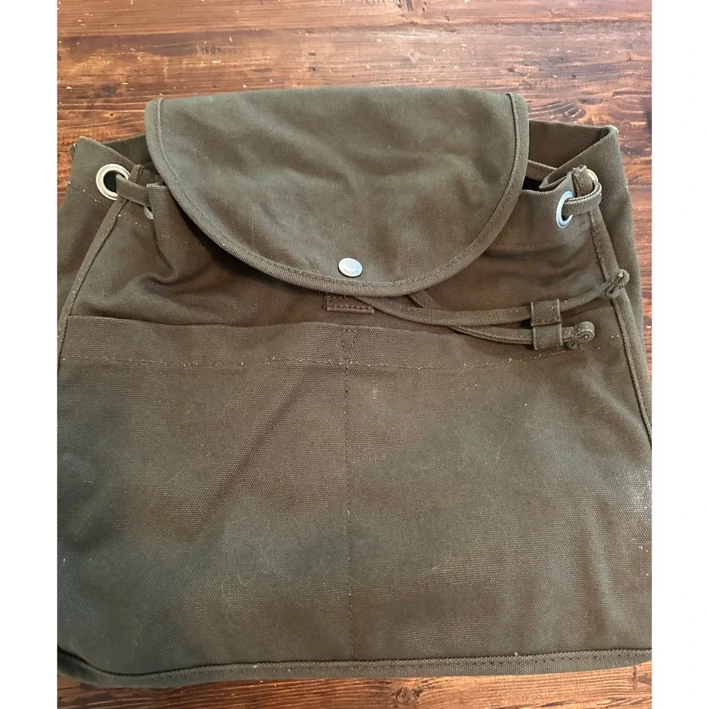 BAGGU Drawstring 100% Recycled Cotton Green Canvas Backpack Hike School Travel - Picture 2 of 9